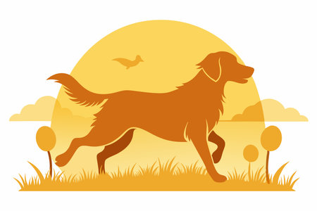 Playful Golden Retriever Frolicking in a Verdant Fieldのイラスト素材