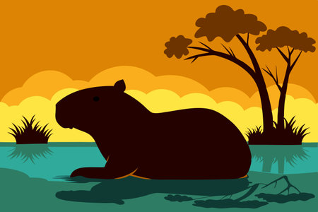 Serene Silhouette of a Capybara Relaxing by the Watersideのイラスト素材