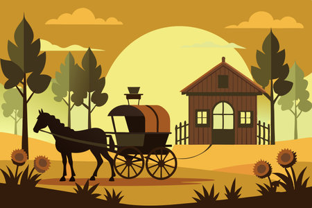 Silhouette of a Nostalgic Horse-Drawn Carriage on a Rural Farmのイラスト素材
