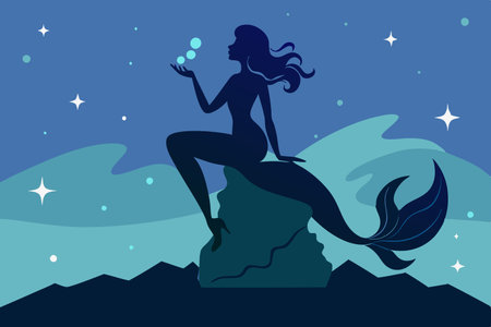 Serene Silhouette of a Siren Singing from Her Rocky Perchのイラスト素材