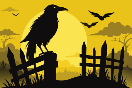 Solitary Crow Silhouette Perched Atop a Rural Fence Post at Duskのイラスト素材