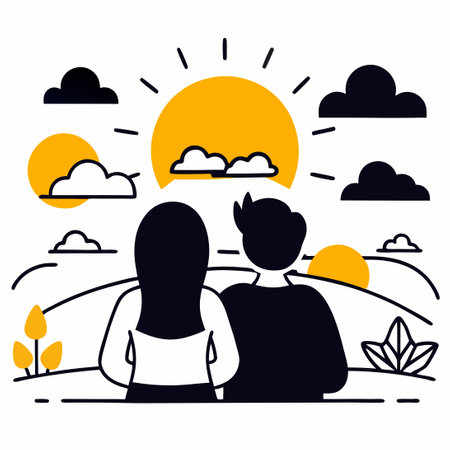 couple in the field with sun and clouds vector illustration graphic designのイラスト素材