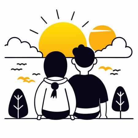 Two boys sitting in the park at sunset. Vector illustration in flat style.のイラスト素材