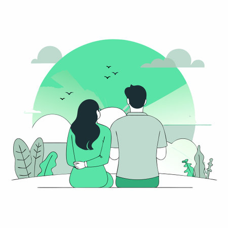 Couple in love on the background of the landscape. Vector illustration.のイラスト素材