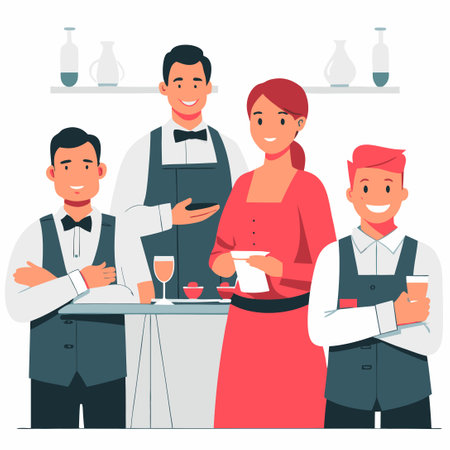 Concept Illustration of Waiters Serving Customers in a Modern Restaurant Settingのイラスト素材