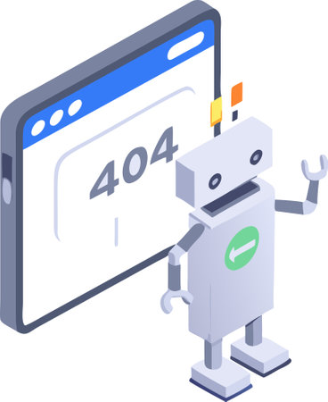 Oops: Broken Robot with 404 Error in AI Assistance Conceptのイラスト素材