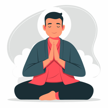 Conceptual Illustration of a Person Praying with Hands Together and Eyes Closed in a Serene Environmentのイラスト素材