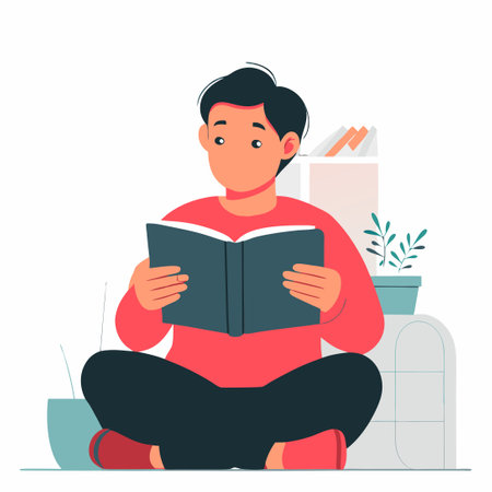 Girl Reading a Book in a Cozy Room with Warm Sunlightのイラスト素材