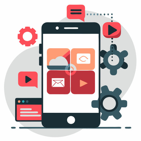 Illustrative Concept of App Development with Vibrant Icons and Devicesのイラスト素材