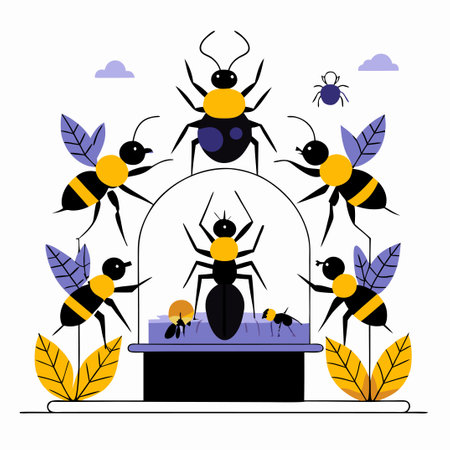 Conceptual Illustration of an Educational Ant Farm with Multiple Chambers and a Magnifying Glassのイラスト素材