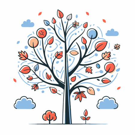 Serene Autumn Landscape with a Majestic Tree in Golden Huesのイラスト素材