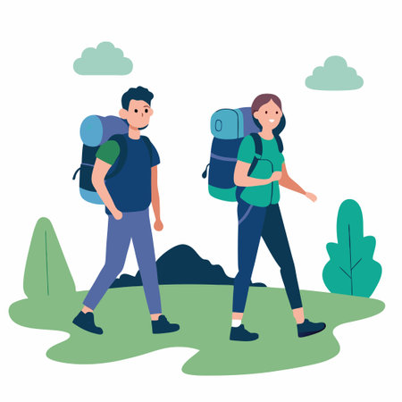 Backpackers Exploring a Vibrant City with Street Art and Cultureのイラスト素材