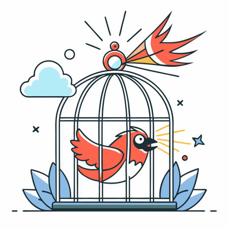 Symbolic Illustration of a Bird Breaking Free from Its Metallic Cageのイラスト素材