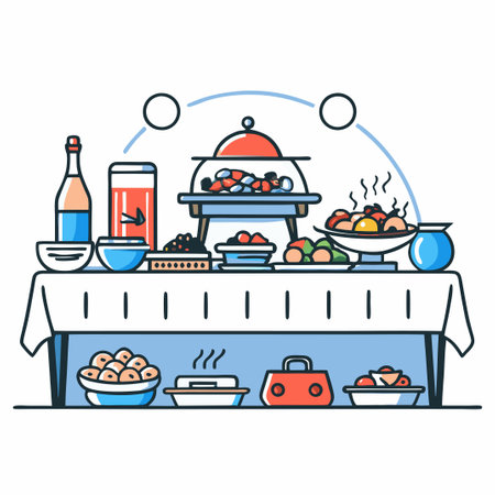 Visually Enticing Buffet Spread Showcasing a Delightful Array of Culinary Options in a Modern Settingのイラスト素材