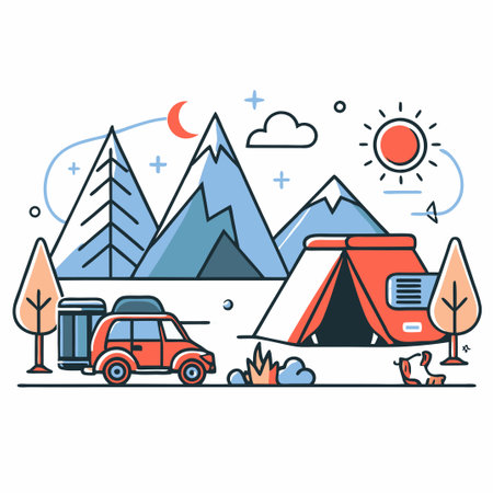 Camping Adventure in a Pristine Forest with Tents and Campfireのイラスト素材