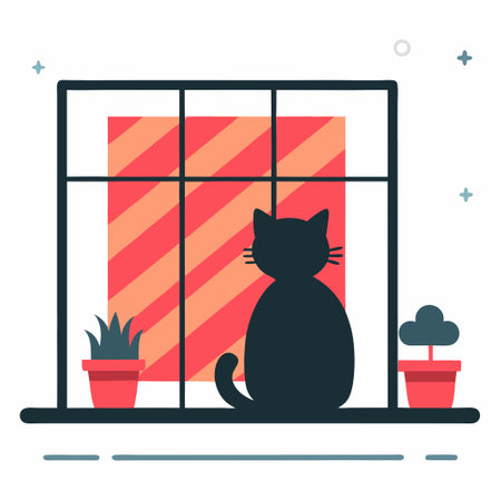 Feline Curiosity: A Cat Gazing Intently from a Windowのイラスト素材