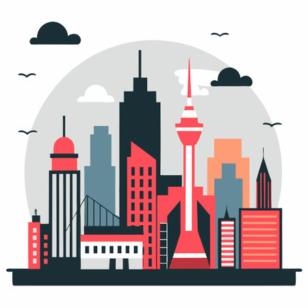 Futuristic City Skyline with Towering Skyscrapers and Modern Architecture Depicted in Concept Illustrationのイラスト素材