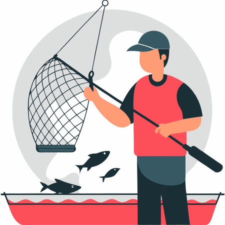Conceptual Illustration of Fishing with Traditional Net Techniqueのイラスト素材