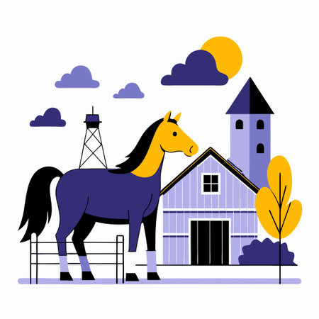 Serene Horse Farm Landscape Illustrating the Tranquil Bond with Natureのイラスト素材