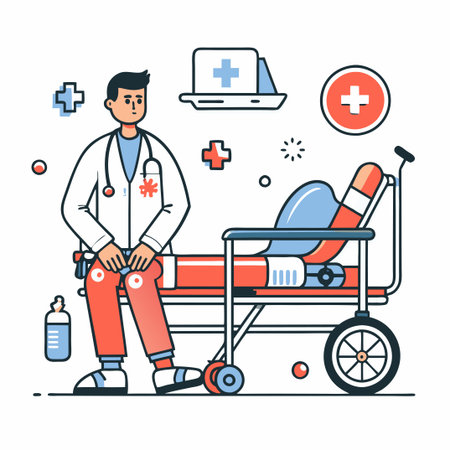 Injured Person Lying in a Hospital Bed with a Bandaged Head and Broken Armのイラスト素材