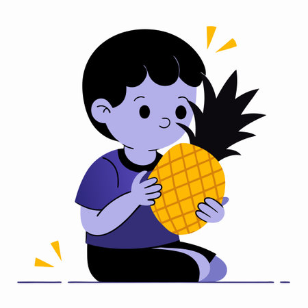 Kid Enjoying a Slice of Pineapple: A Concept Illustration of Childhood Exuberanceのイラスト素材