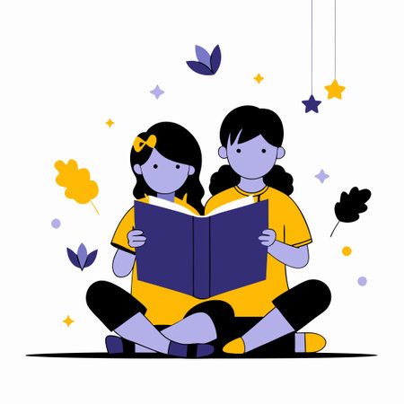 Kids Reading Books and Exploring Imaginative Worlds with Friendsのイラスト素材