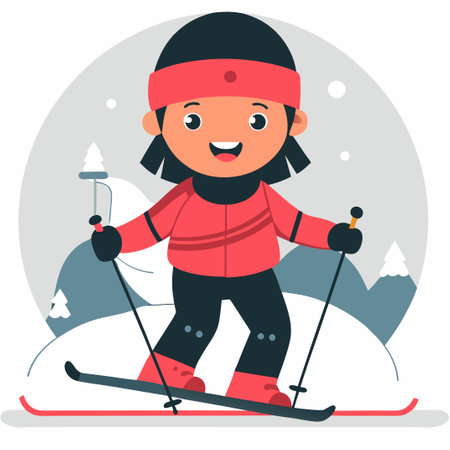 Joyful Kids Enjoying a Winter Ski Adventure on a Sloped Mountainのイラスト素材