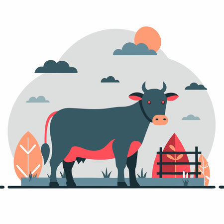 Conceptual Illustration of Livestock Grazing in Lush Green Pasturesのイラスト素材