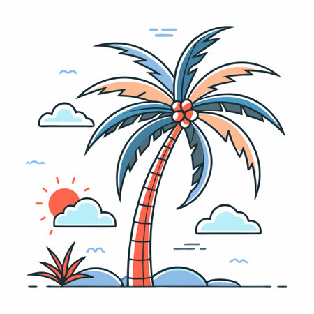 Concept Illustration of a Lone Palm Tree Leaning Towards the Sunのイラスト素材