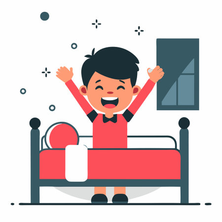 Boy Awakening to the Light of a New Day with Hope and Excitementのイラスト素材
