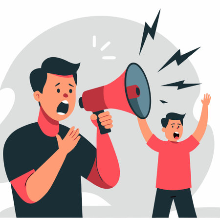 Angry man shouting into a megaphone. Vector illustration in flat styleのイラスト素材