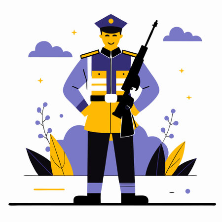 Soldier in uniform with machine gun. Vector illustration in flat styleのイラスト素材