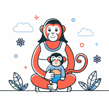 Monkey Mother and Her Newborn Cuddle in Tender Concept Illustrationのイラスト素材