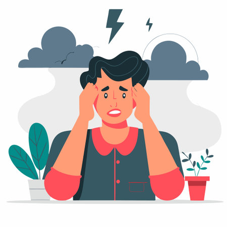 Man suffering from headache, migraine or stress. Flat vector illustration.のイラスト素材