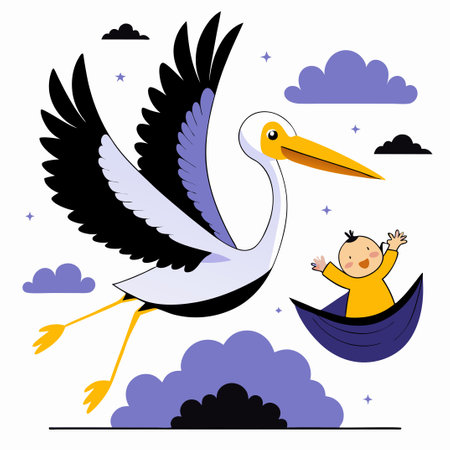 Stork Delivering a Newborn Baby Boy to Welcoming Familyのイラスト素材