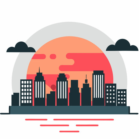 Mesmerizing Sunrise Illuminating a Bustling City Skylineのイラスト素材