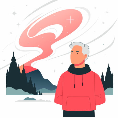 Vector illustration in flat style. A man in a red jacket stands against the background of the city.のイラスト素材