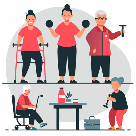 Elderly people exercising with dumbbells. Flat vector illustration.のイラスト素材