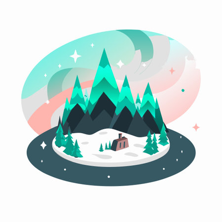 Winter landscape with mountains, forest and house. Vector illustration in flat styleのイラスト素材