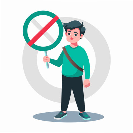 Prohibition sign. Boy holding a stop sign. Vector illustration.のイラスト素材