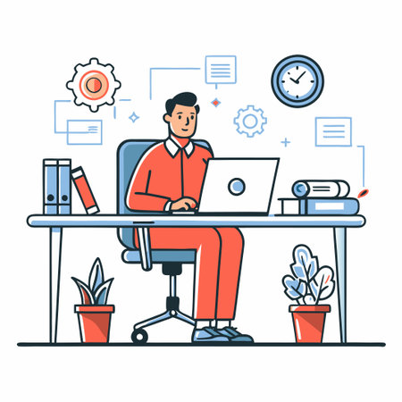 Businessman working at the office. Vector illustration in flat style.のイラスト素材
