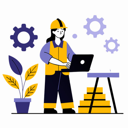 Worker woman with laptop and gears. Vector illustration in flat styleのイラスト素材