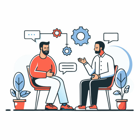 Vector illustration in flat linear style. Man and woman sit on chairs and talk about something. Teamwork, brainstorming concept.のイラスト素材