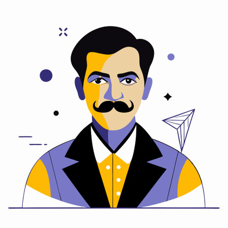 Vector illustration of a man in a suit with a mustache. Flat style.のイラスト素材