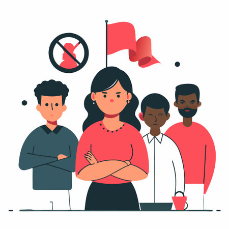 Protest people concept vector illustration. Man and woman standing with crossed arms and red flag.のイラスト素材