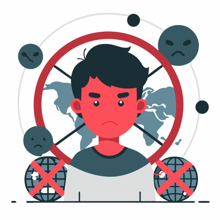 Sad man in front of world map. Flat style vector illustration.