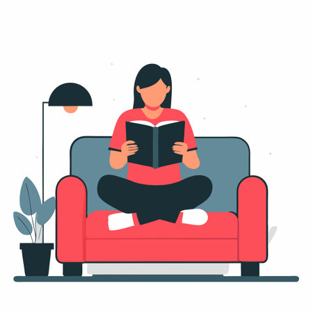 Relaxing Reading Nook on a Cozy Sofa in a Serene Living Roomのイラスト素材