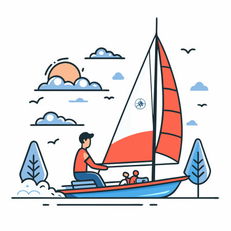 Tranquil Sailing on a Serene Lake Amidst Picturesque Surroundingsのイラスト素材