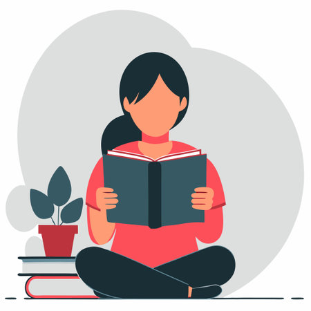 Woman sitting in lotus position and reading a book. Flat vector illustration.のイラスト素材