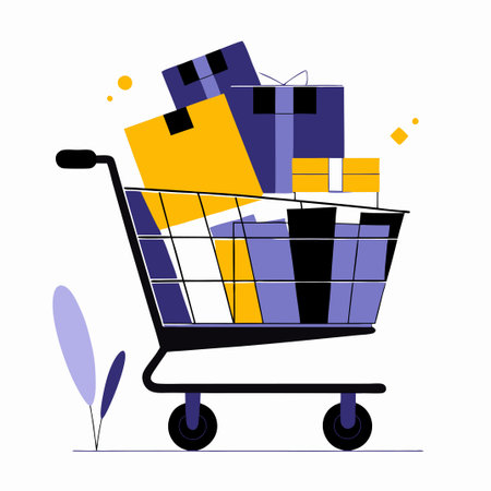 Shopping cart full of gifts. Vector illustration in flat style.のイラスト素材
